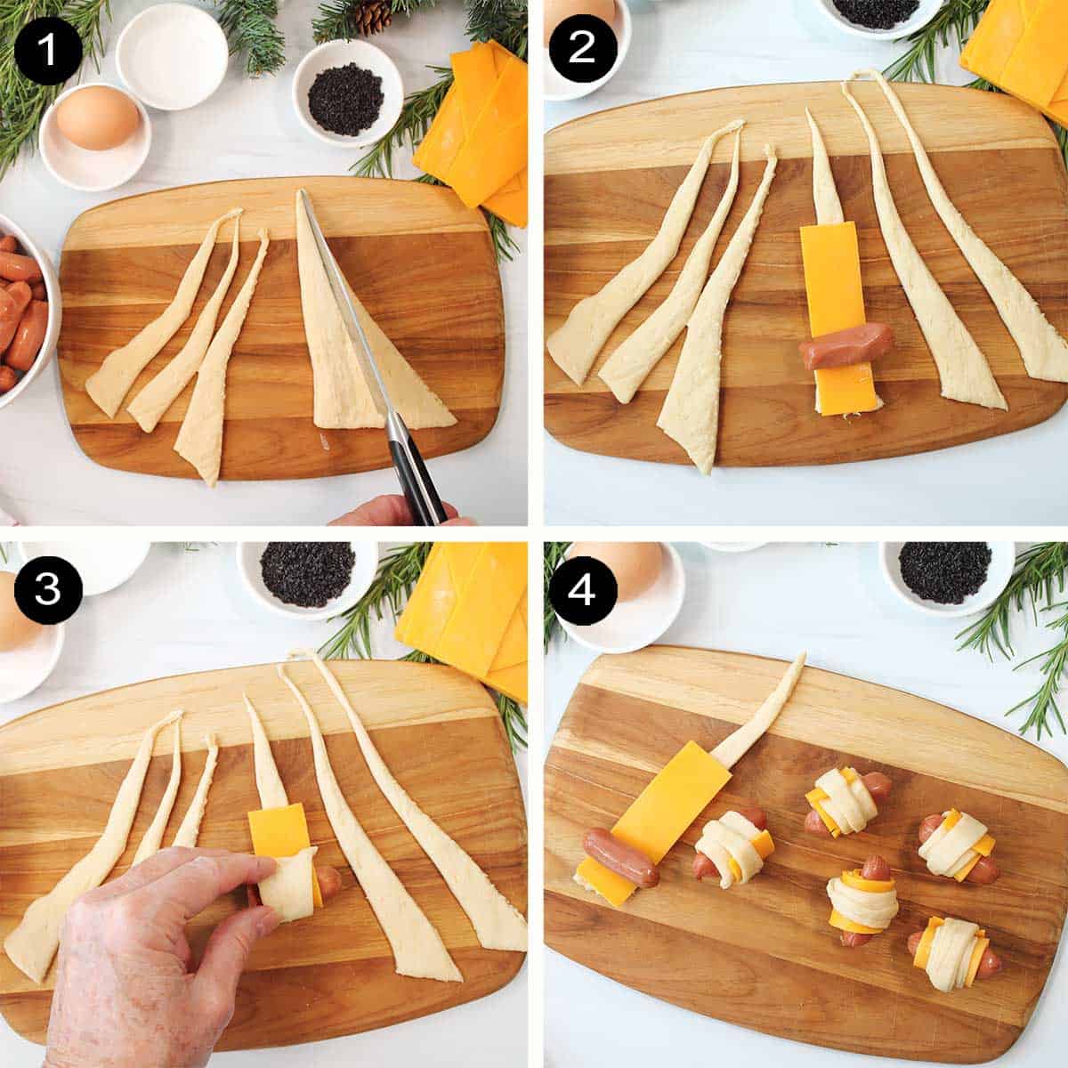 Steps to wrap smokies in crescent rolls.