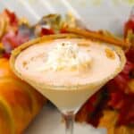 Closeup of garnished pumpkin pie martini with coated rim.