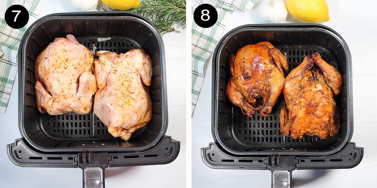 Cornish hens in air fryer before and after air frying.