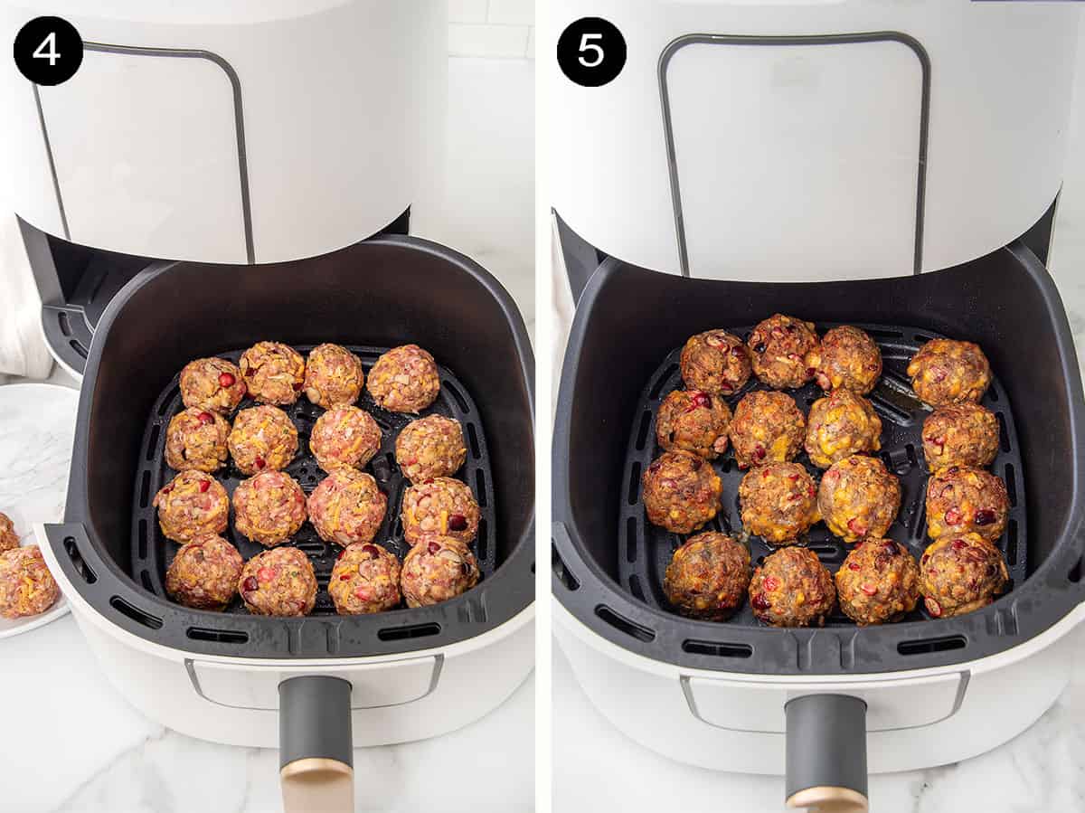 Steps for air frying sausage stuffing balls.