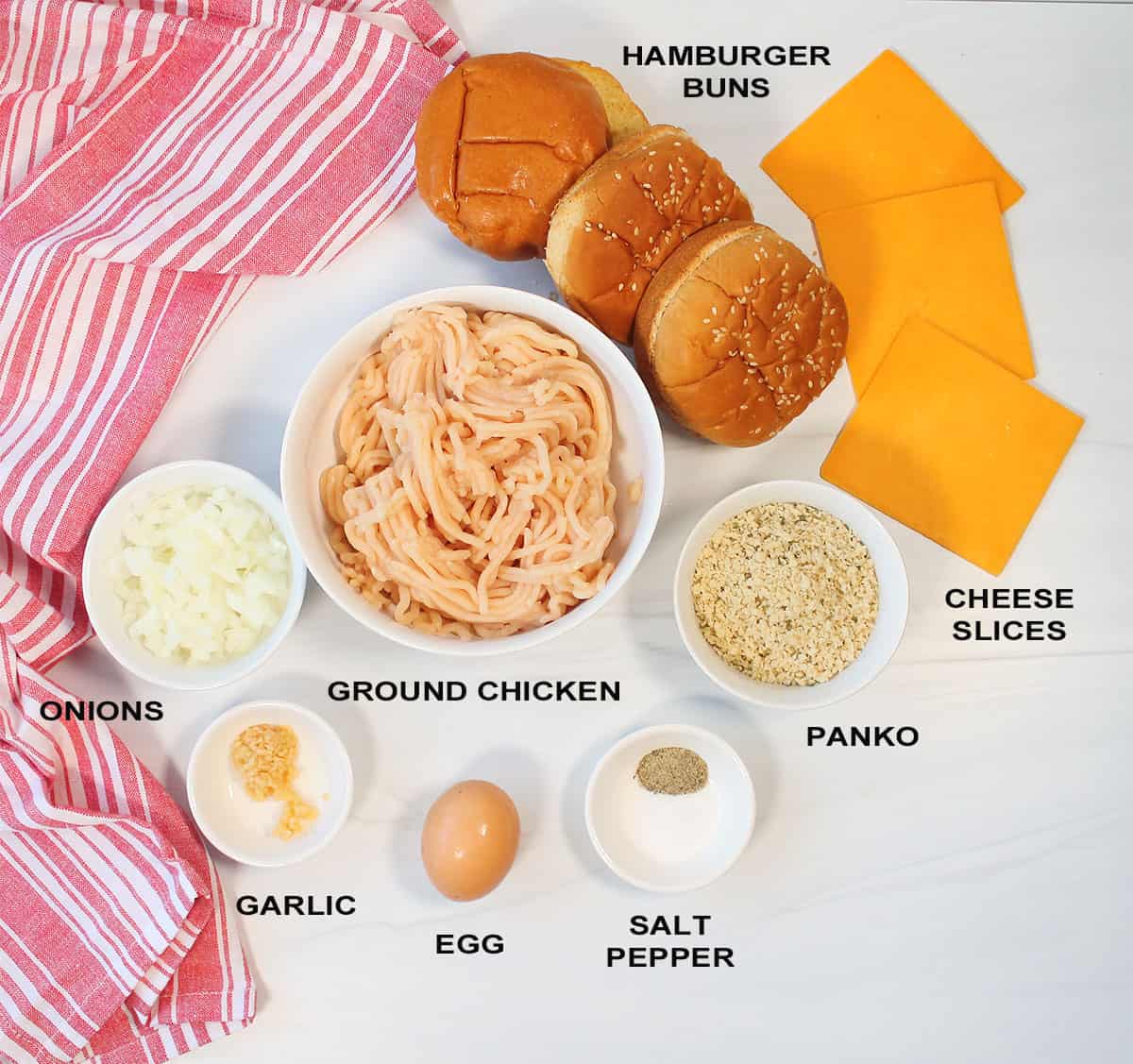 Ingredients to make ground chicken burgers in air fryer.