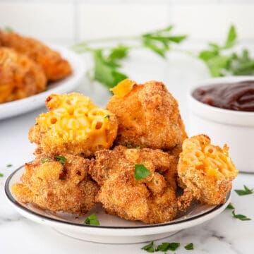Air Fryer Mac and Cheese Balls on counter.