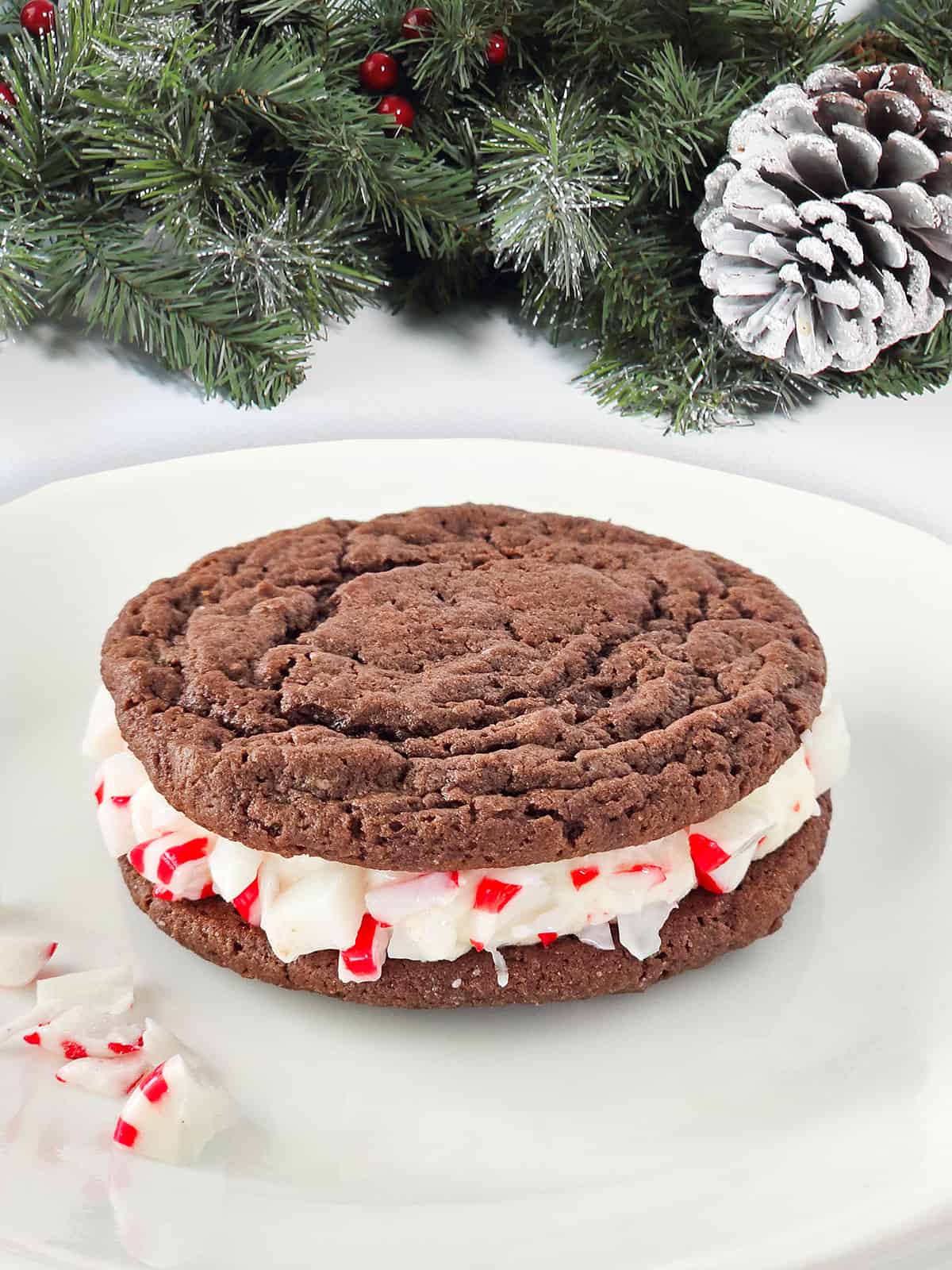 Single cookie showing frosting and peppermint garnish.