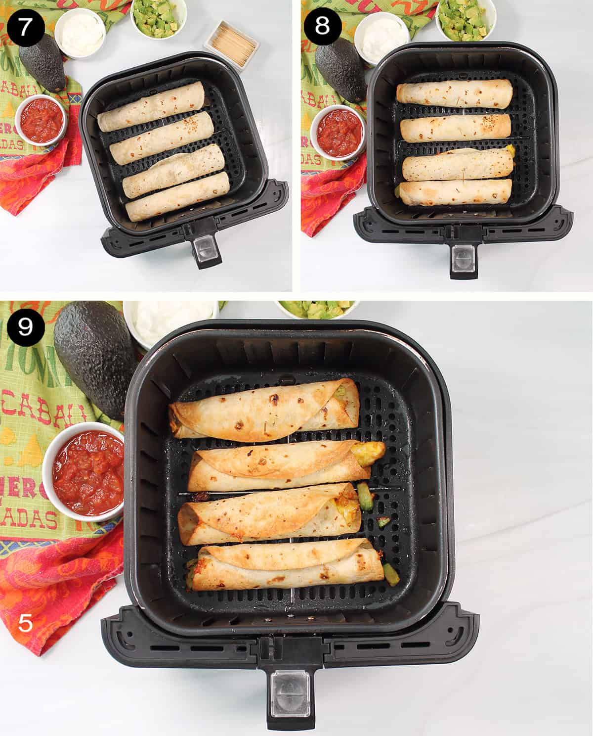 Air frying steps to finish sausage and egg breakfast taquitos.