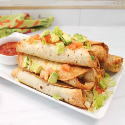 Air fried breakfast taquitos closeup.