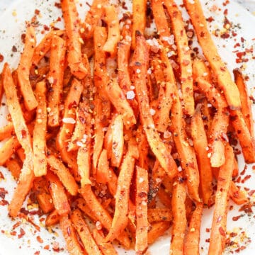 Closeup of plated air fryer fries.