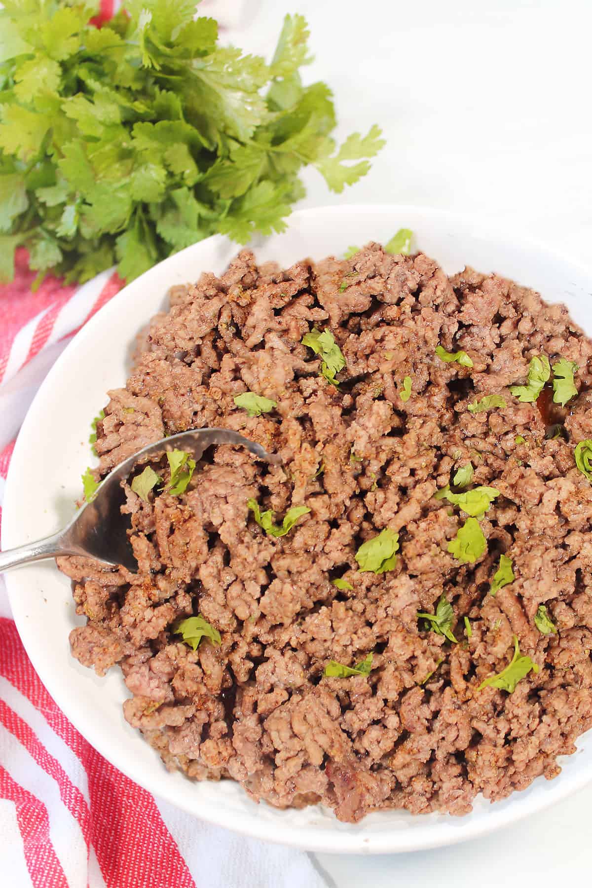 Bowl of seasoned ground beef with serving spoon.