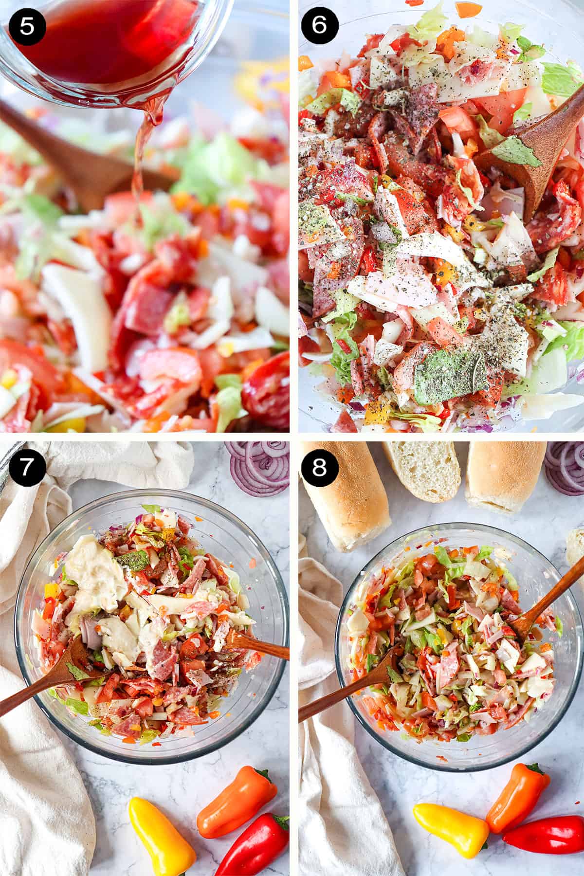 Adding dressing and finishing filling.