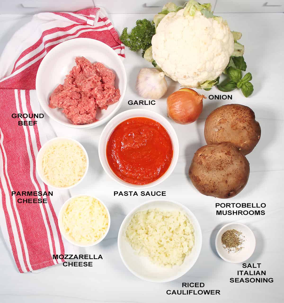 Ingredients for filled portobello mushrooms.
