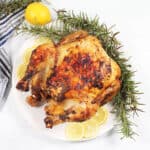 Overhead of air fried whole chicken.