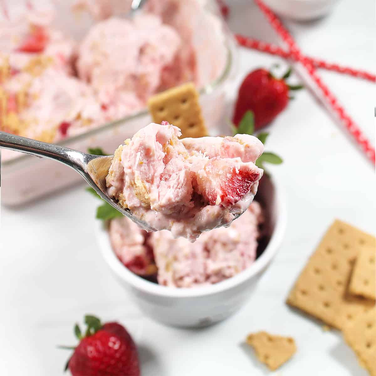 Spoonful of healthy strawberry cheesecake ice cream.