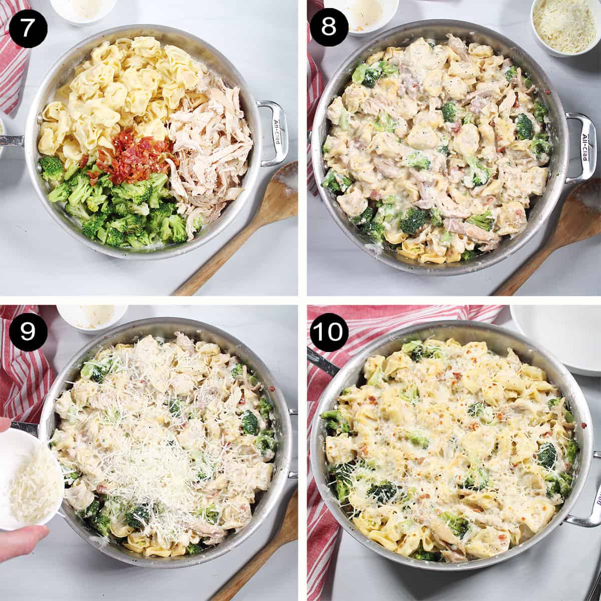 Adding remaining ingredients for tortellini in alfredo sauce and broiling for finishing step.