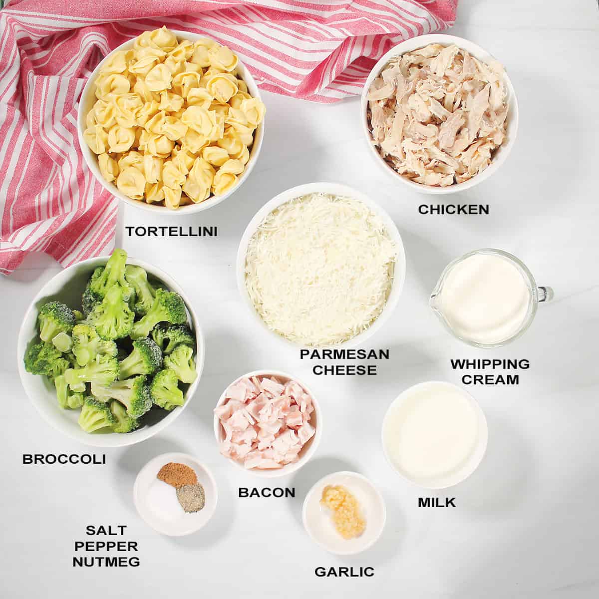 Ingredients for one pot chicken tortellini alfredo.