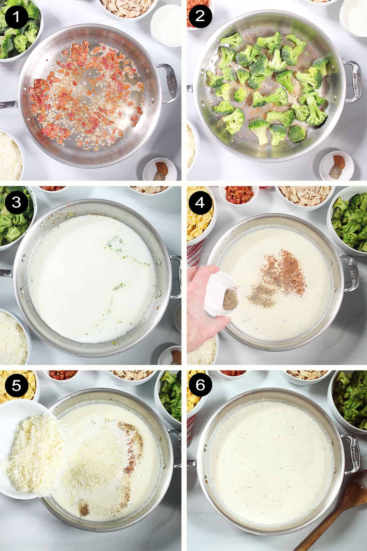 Prep steps to make creamy cheesy sauce for tortellini alfredo.