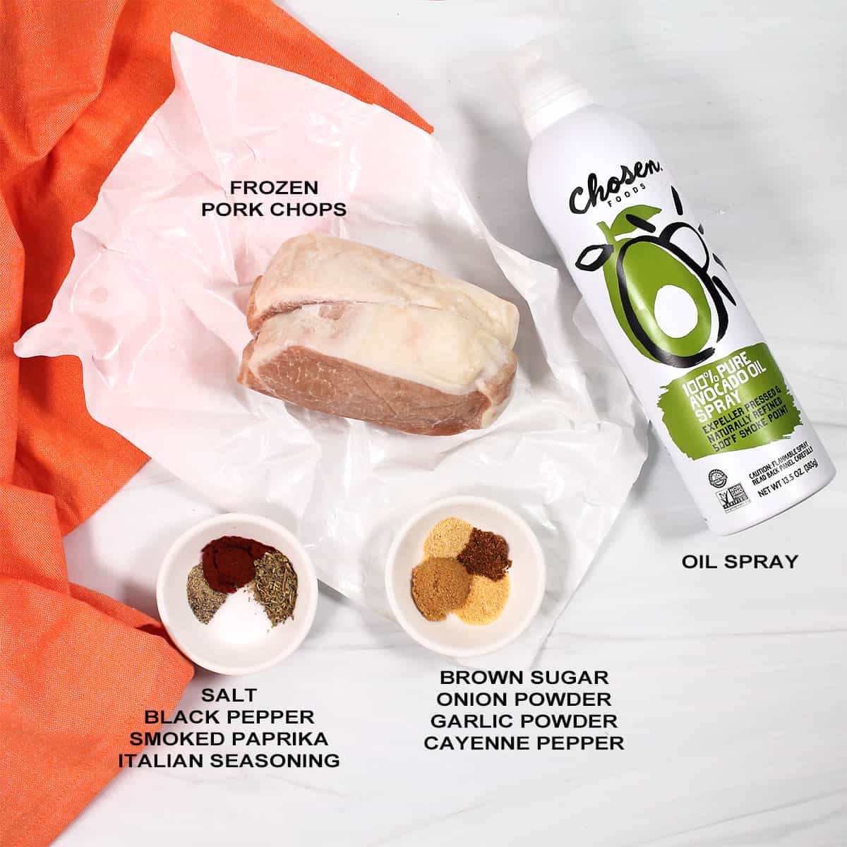Ingredients for frozen pork chops in the air fryer.