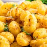 Closeup of air fried gnocchi.