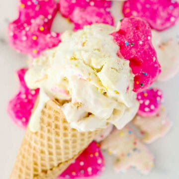 Circus Animal Cookies Ice Cream (no churn) in waffle cone.