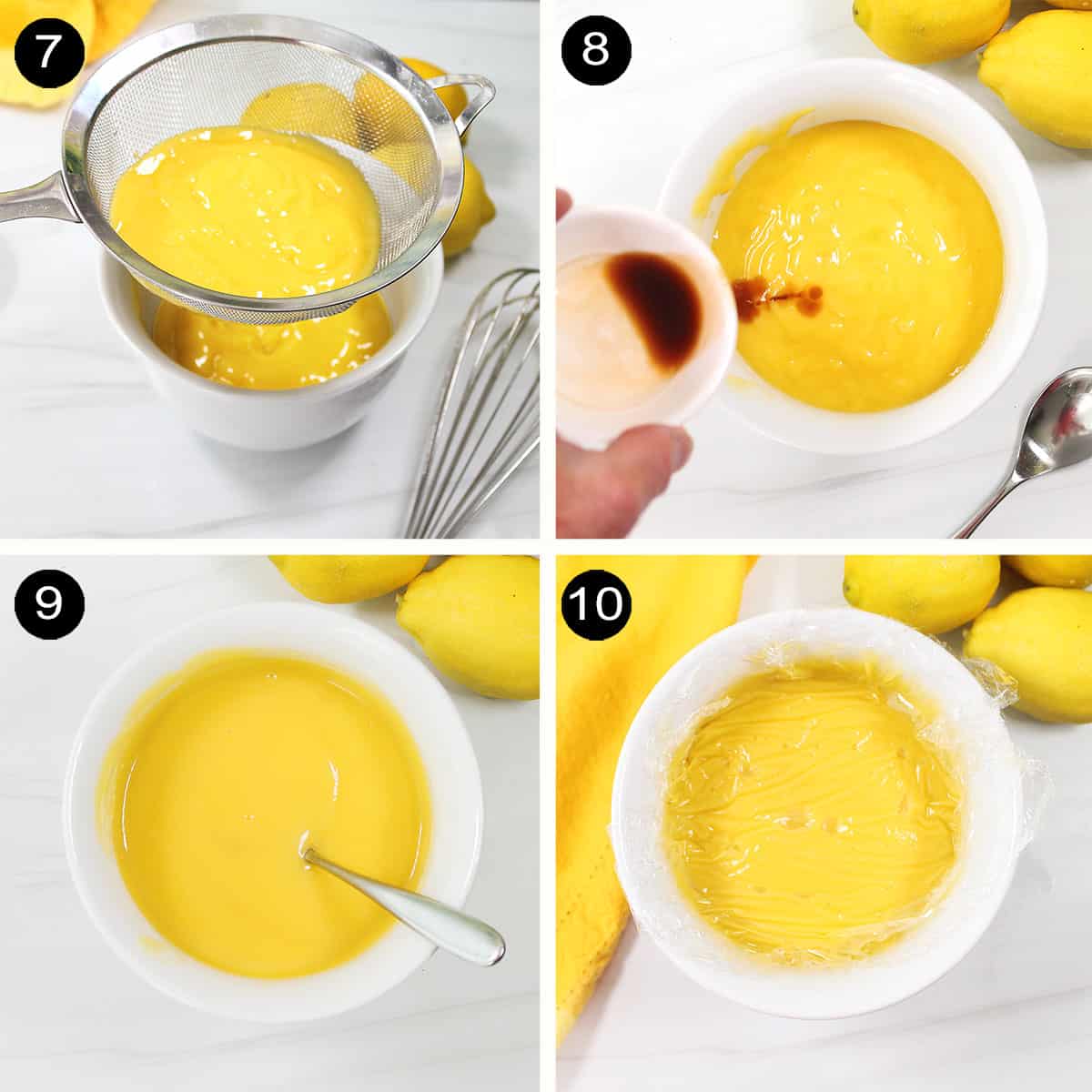 Straining and chilling creamy lemon curd.