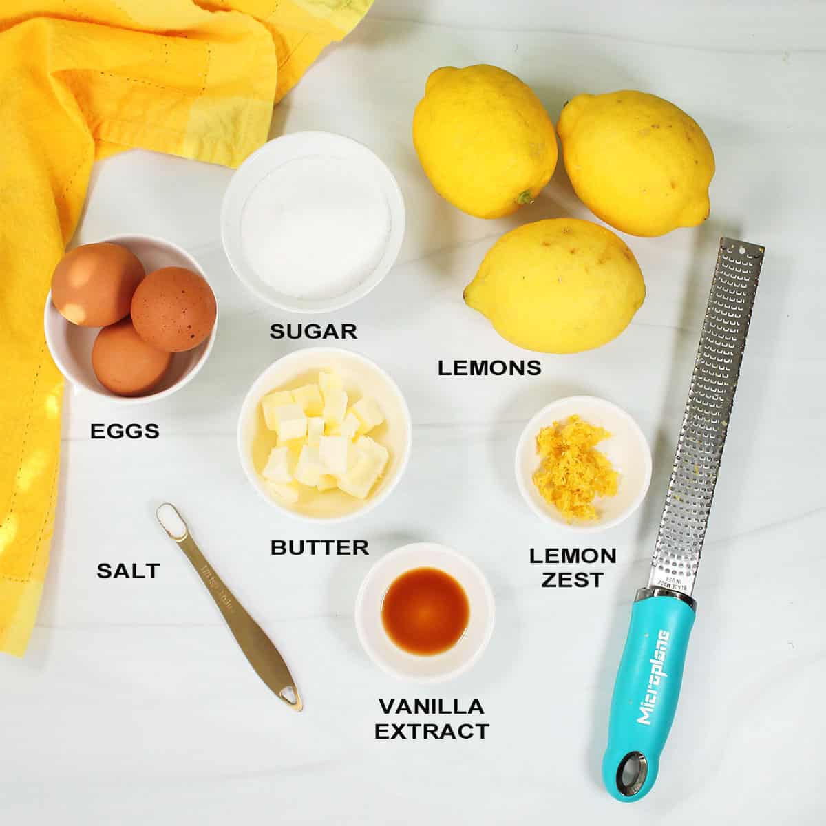 Easy lemon curd recipe ingredients.