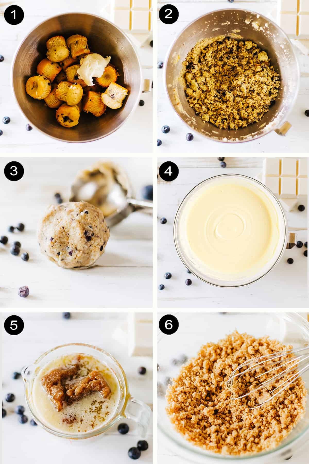 Prep steps to make blueberry cake pops.