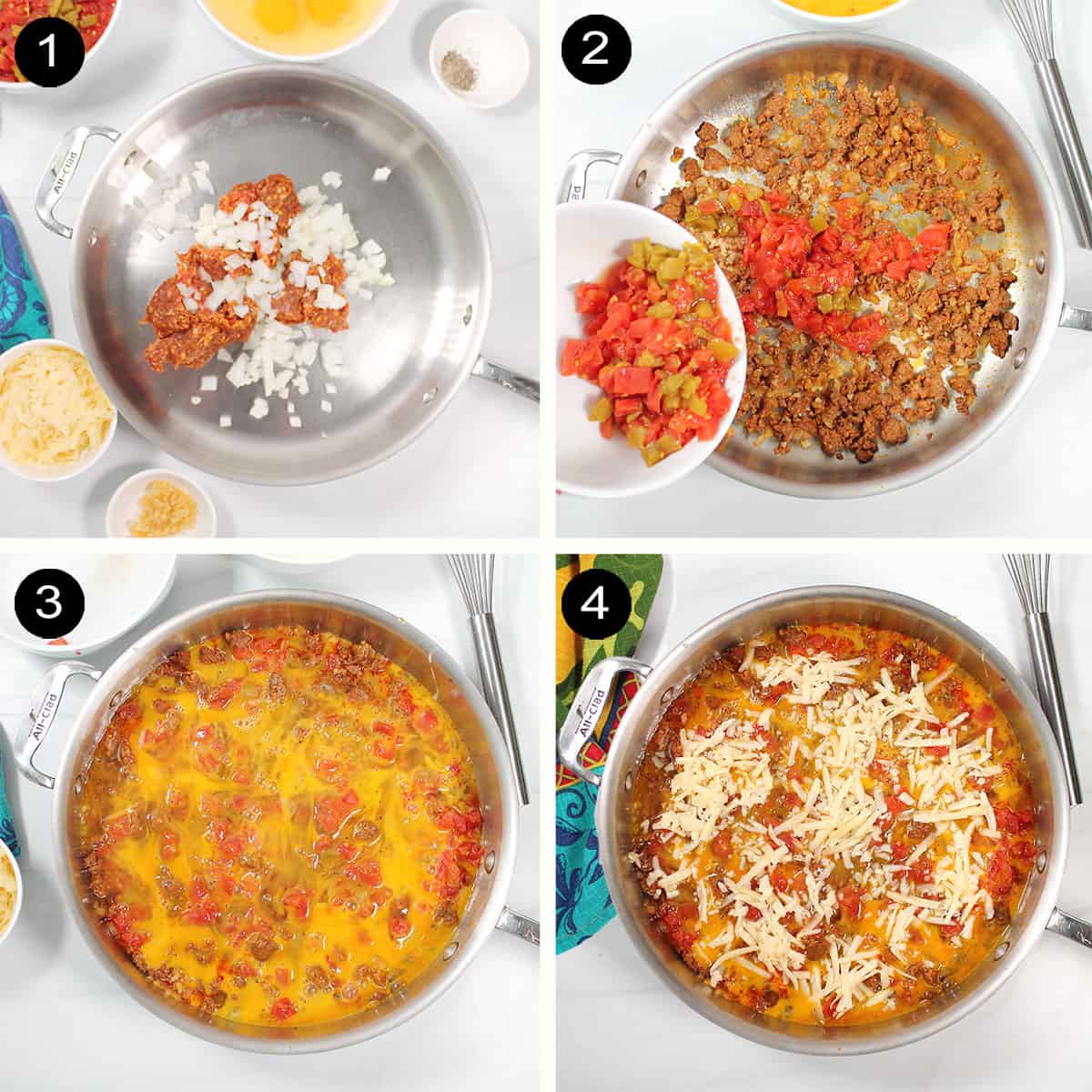 Steps to make chorizo and cheese frittata.