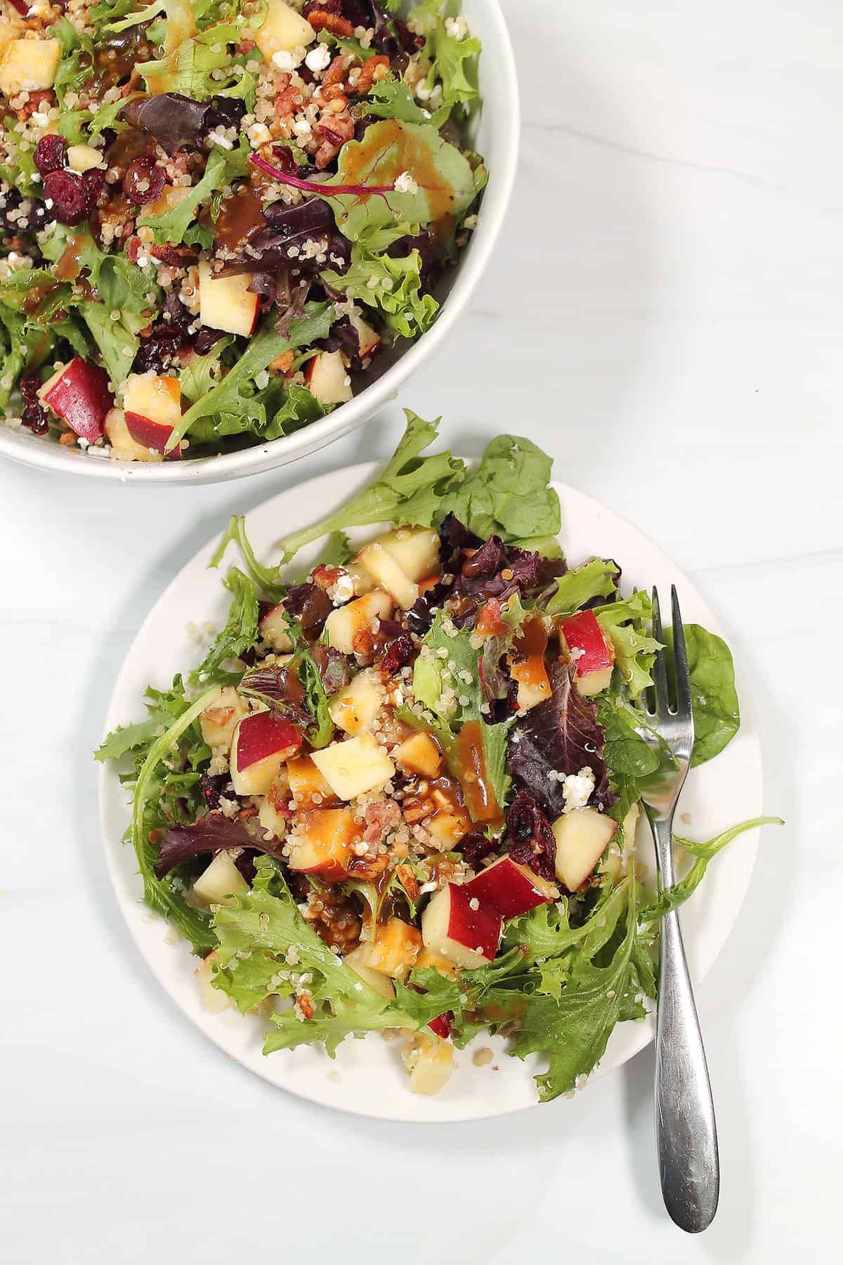 Overhead of fall apple salad plated by serving bowl.