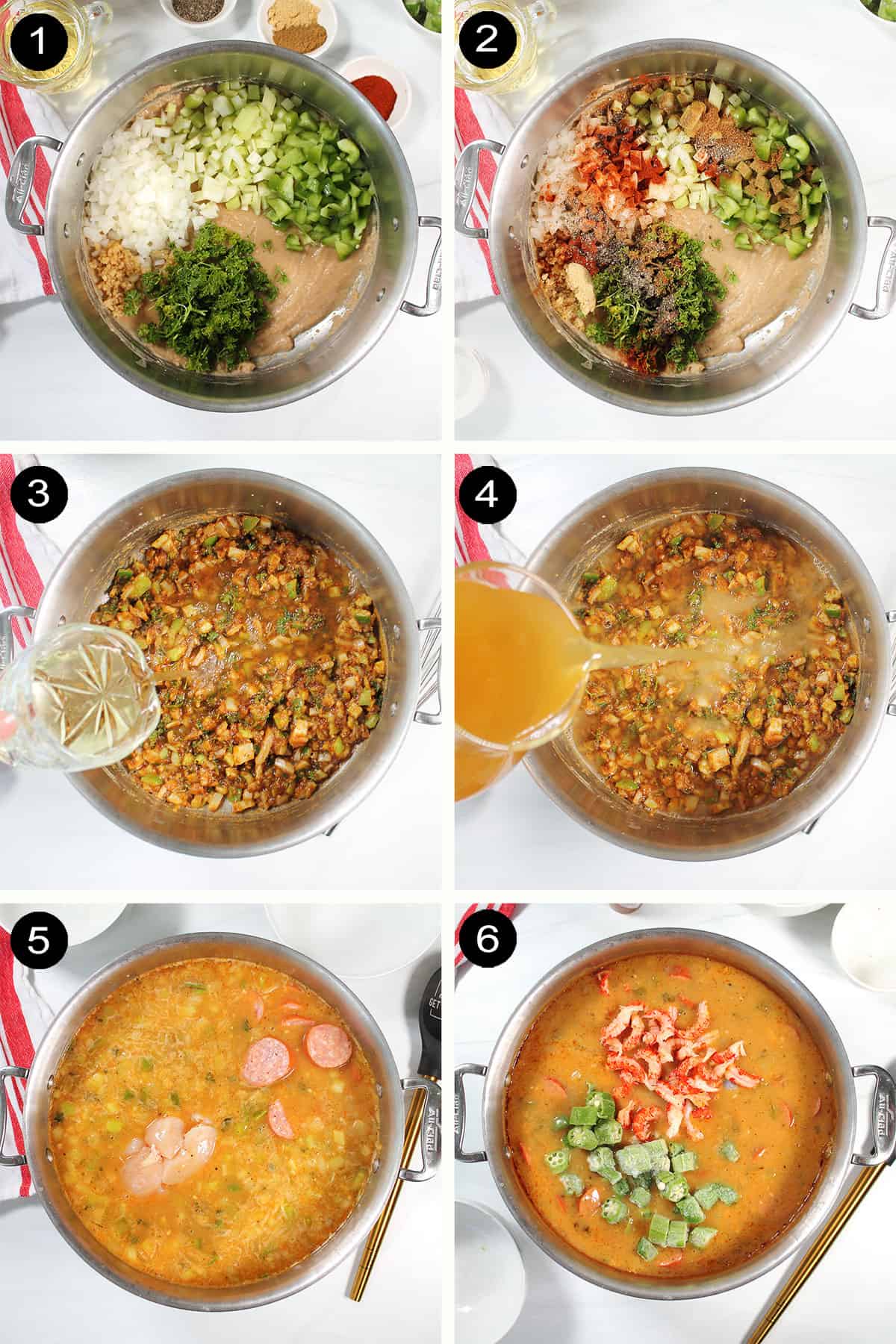 Prep steps to make chicken shrimp and sausage gumbo.
