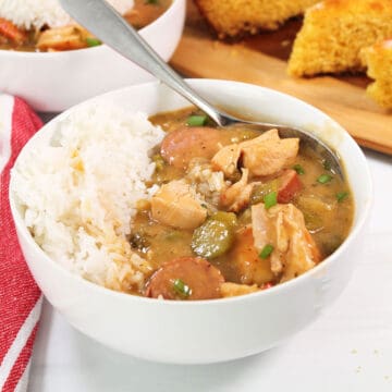 Chicken Sausage Shrimp Gumbo in serving bowl with rice.