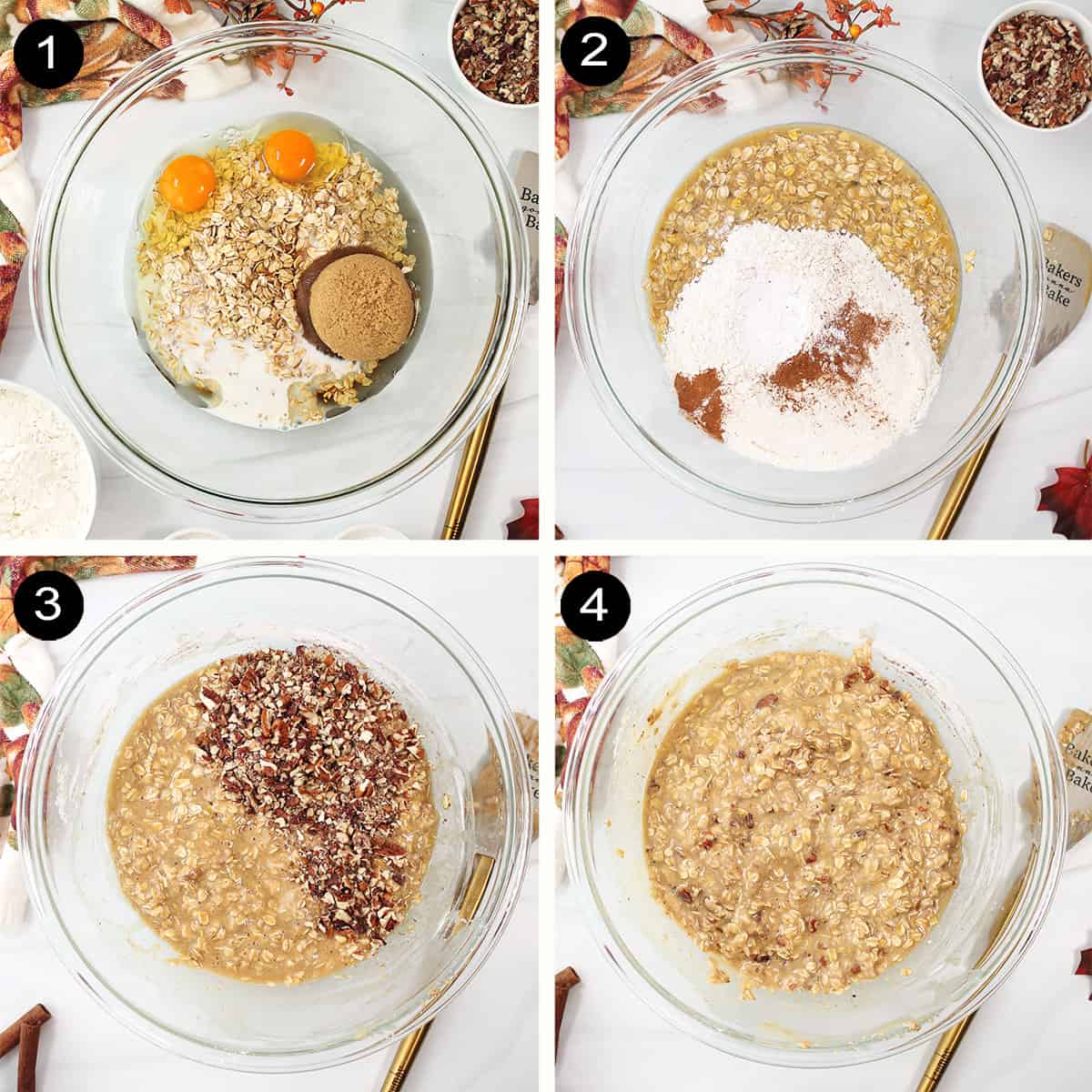 Steps to make maple oatmeal muffin batter.