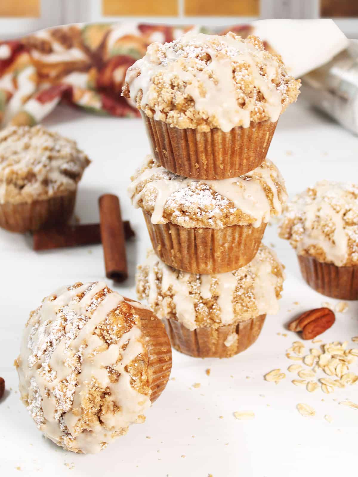 Stacked Maple Brown Sugar Oatmeal Muffins.
