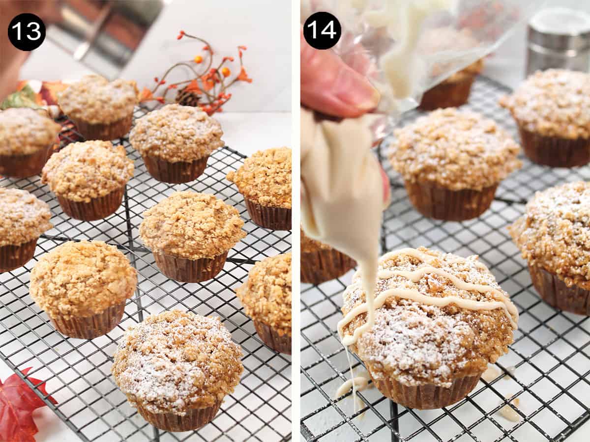 Finishing oatmeal muffins with powdered sugar and maple icing.