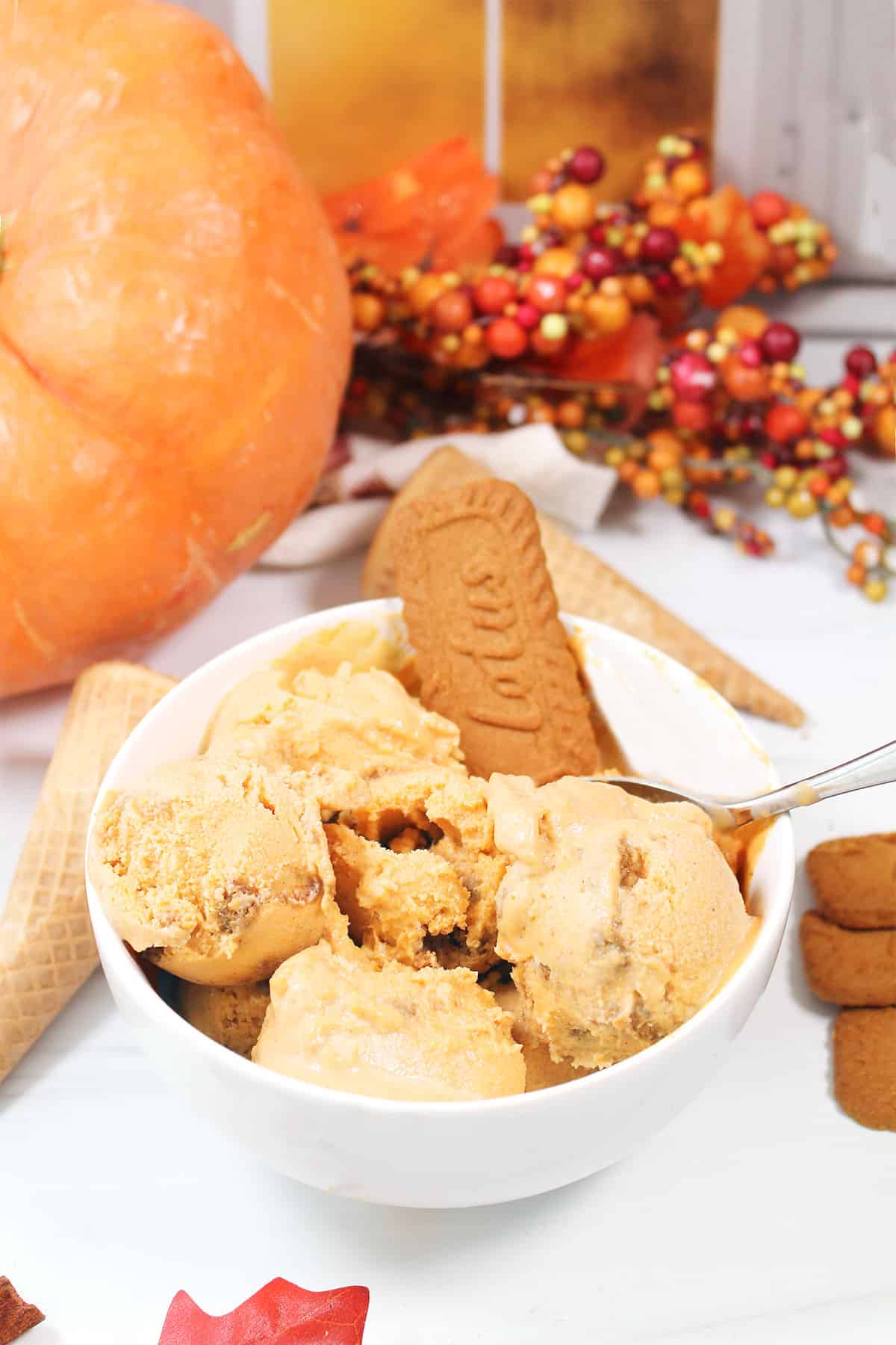 Bowl of pumpkin ice cream with cookies.