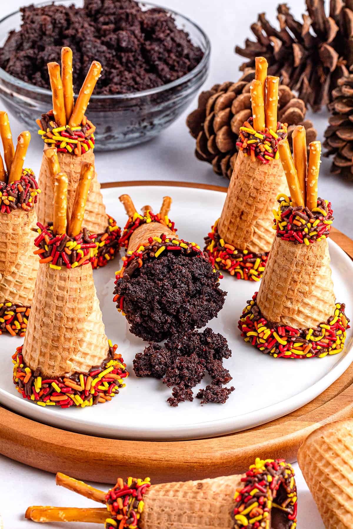 Sugar Cone Teepees on platter with one showing cake filling.