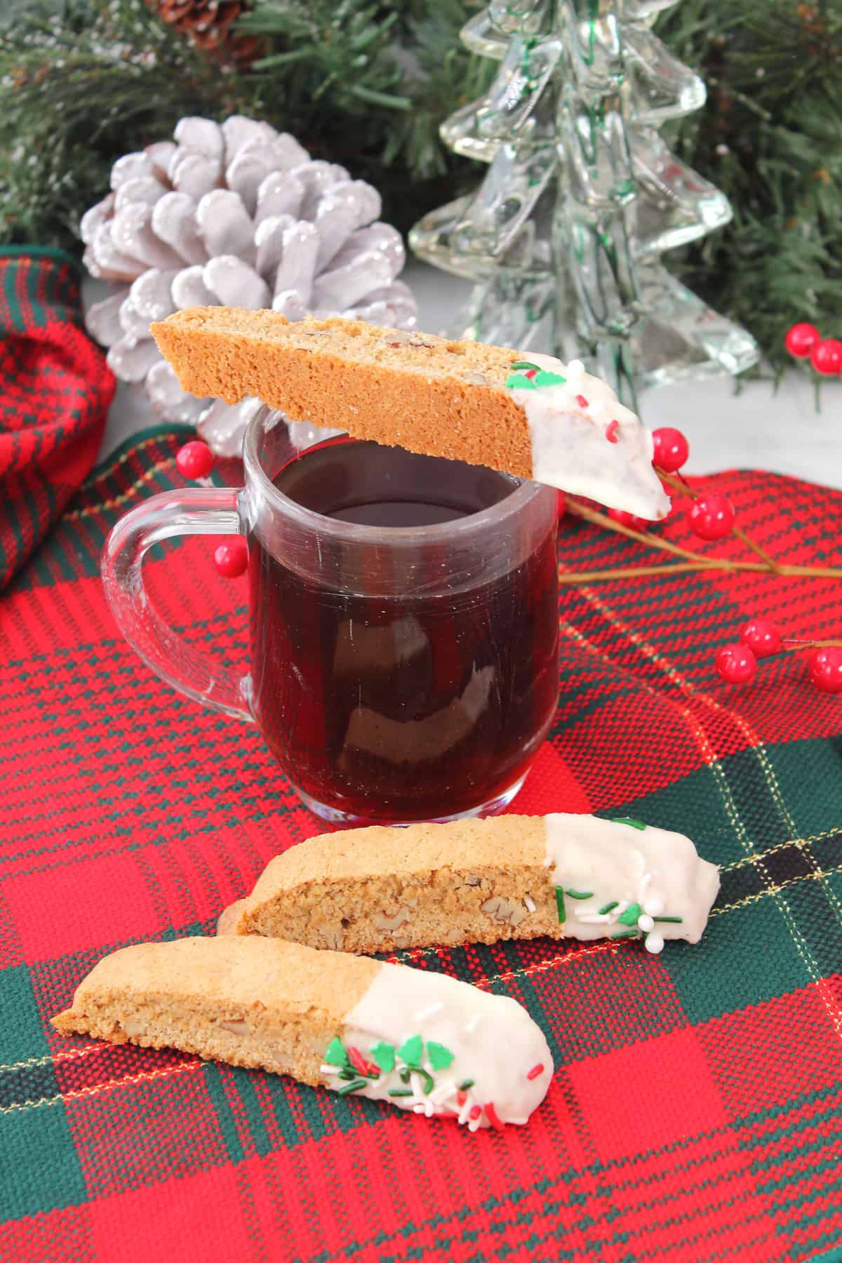 White chocolate dipped Gingerbread Biscotti with coffee.
