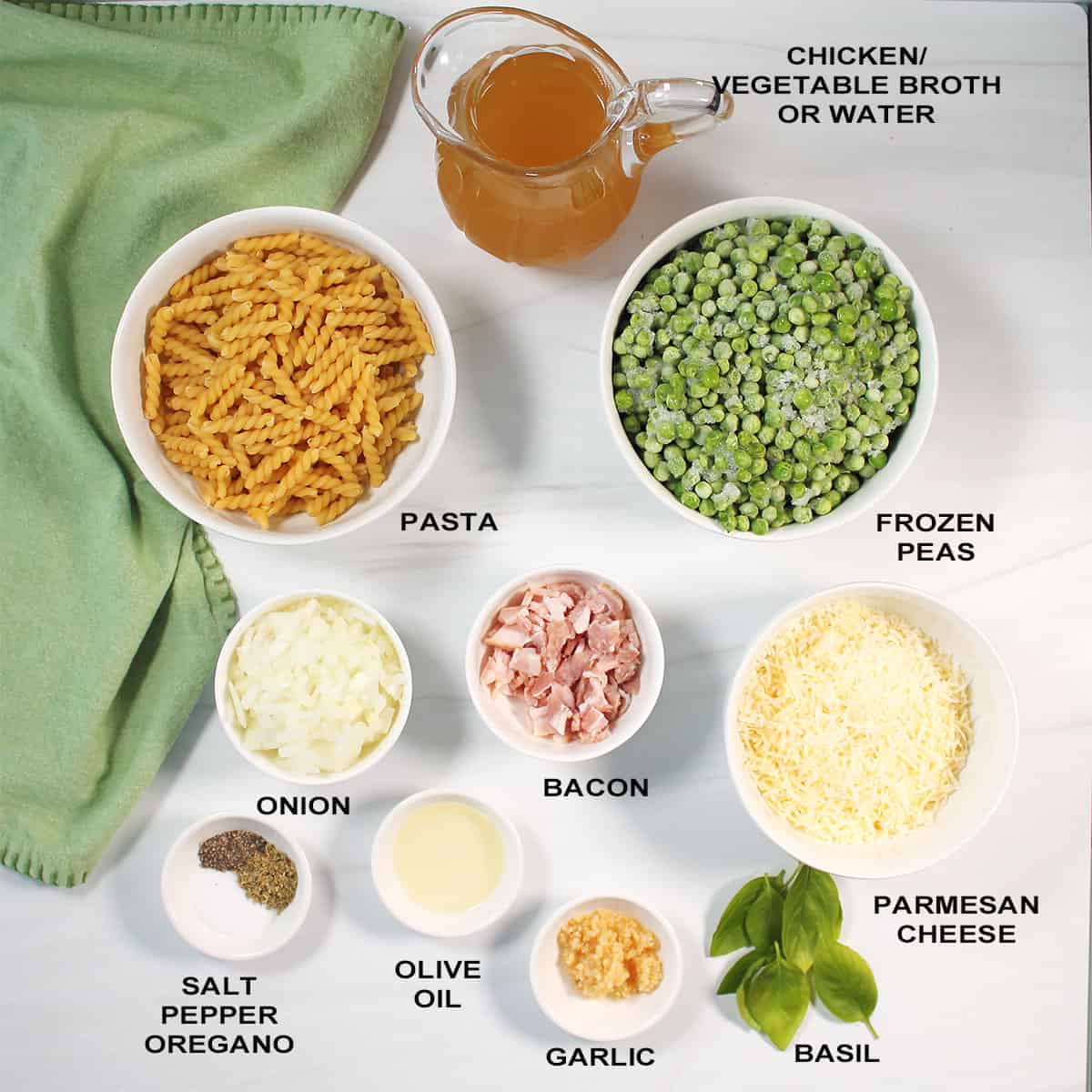 Ingredients for Pasta and Peas recipe.