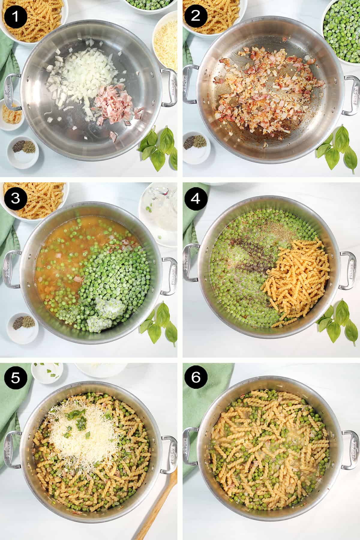 Prep steps for making Pasta with peas.