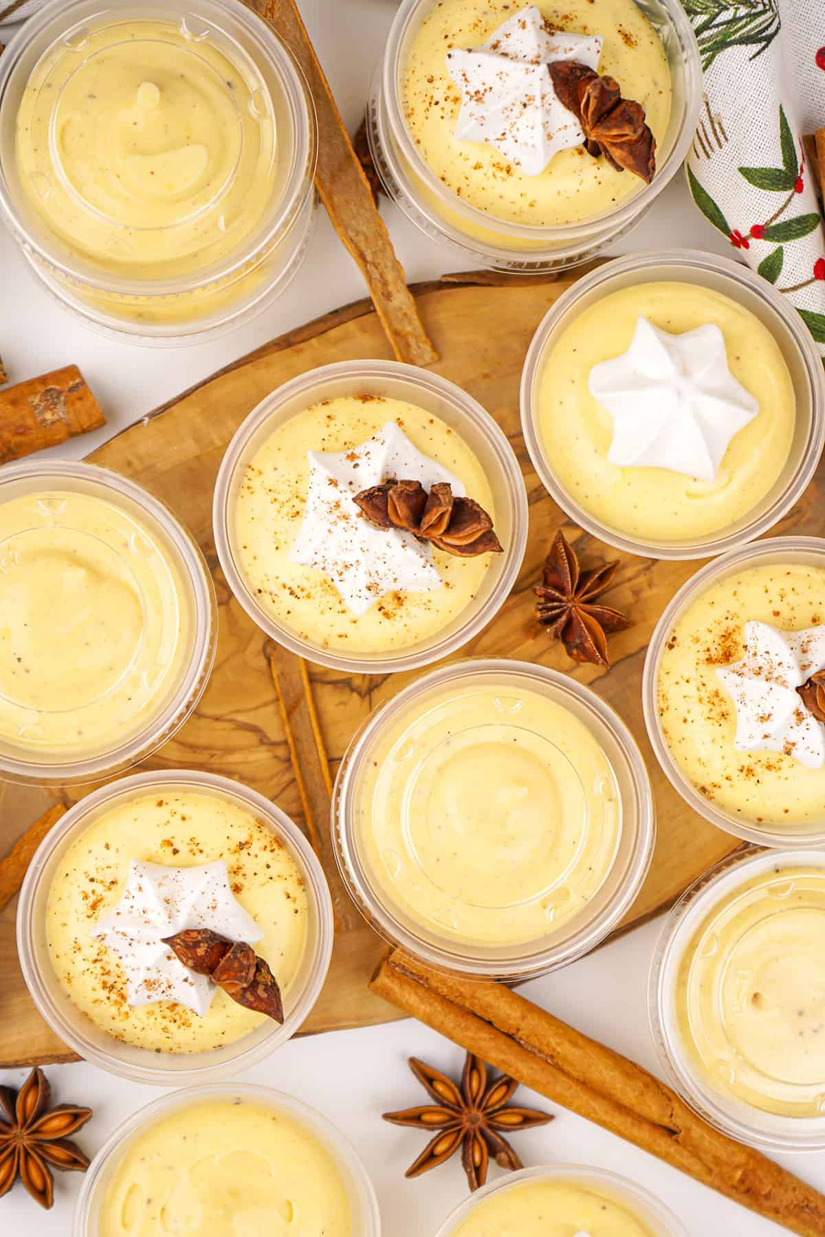 Overhead of prepared eggnog pudding shots.