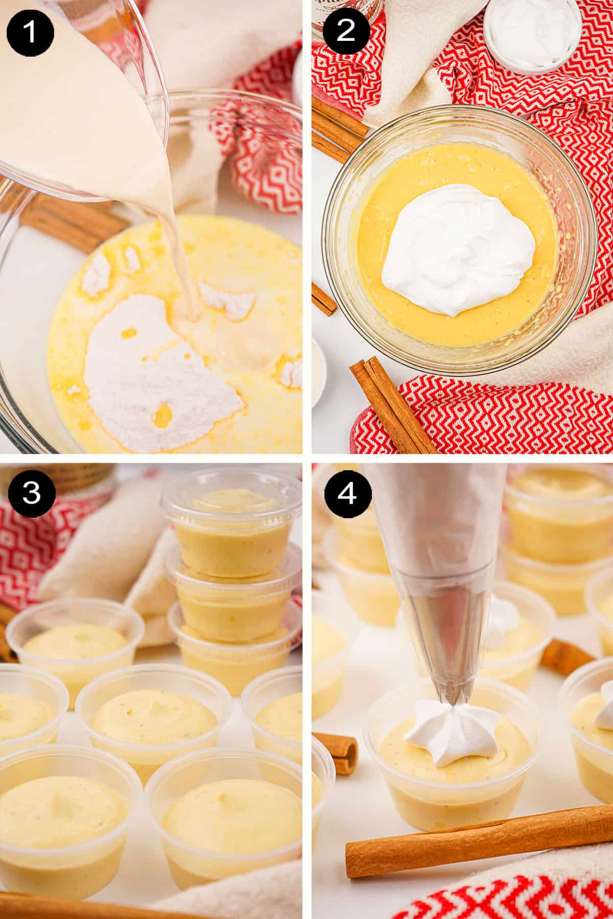 Prep steps to make eggnog pudding shots recipe.