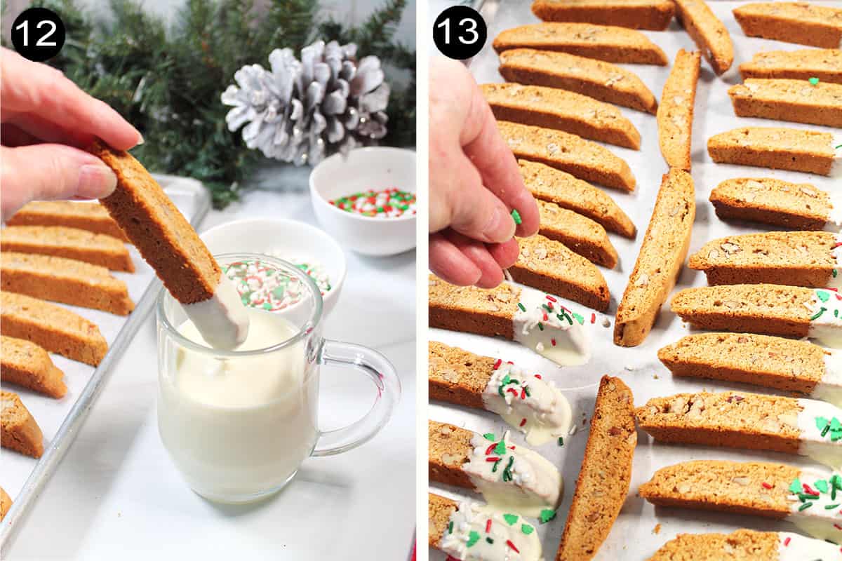 Coating biscotti with white chocolate and festive sprinkles.