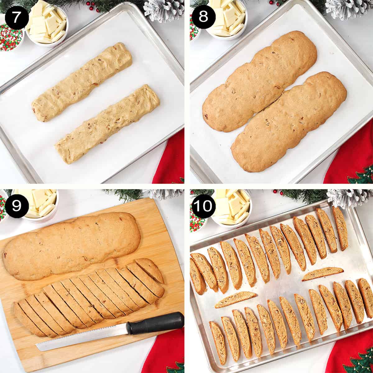 Steps for shaping and baking biscotti.
