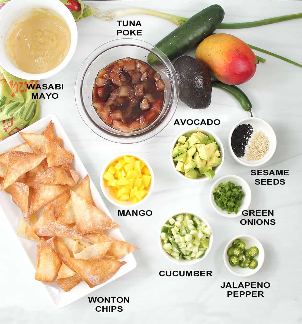 All ingredients to assemble tuna poke nachos.