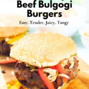 Korean-style Beef Bulgogi Burger with tangy slaw. Name in text overlay.