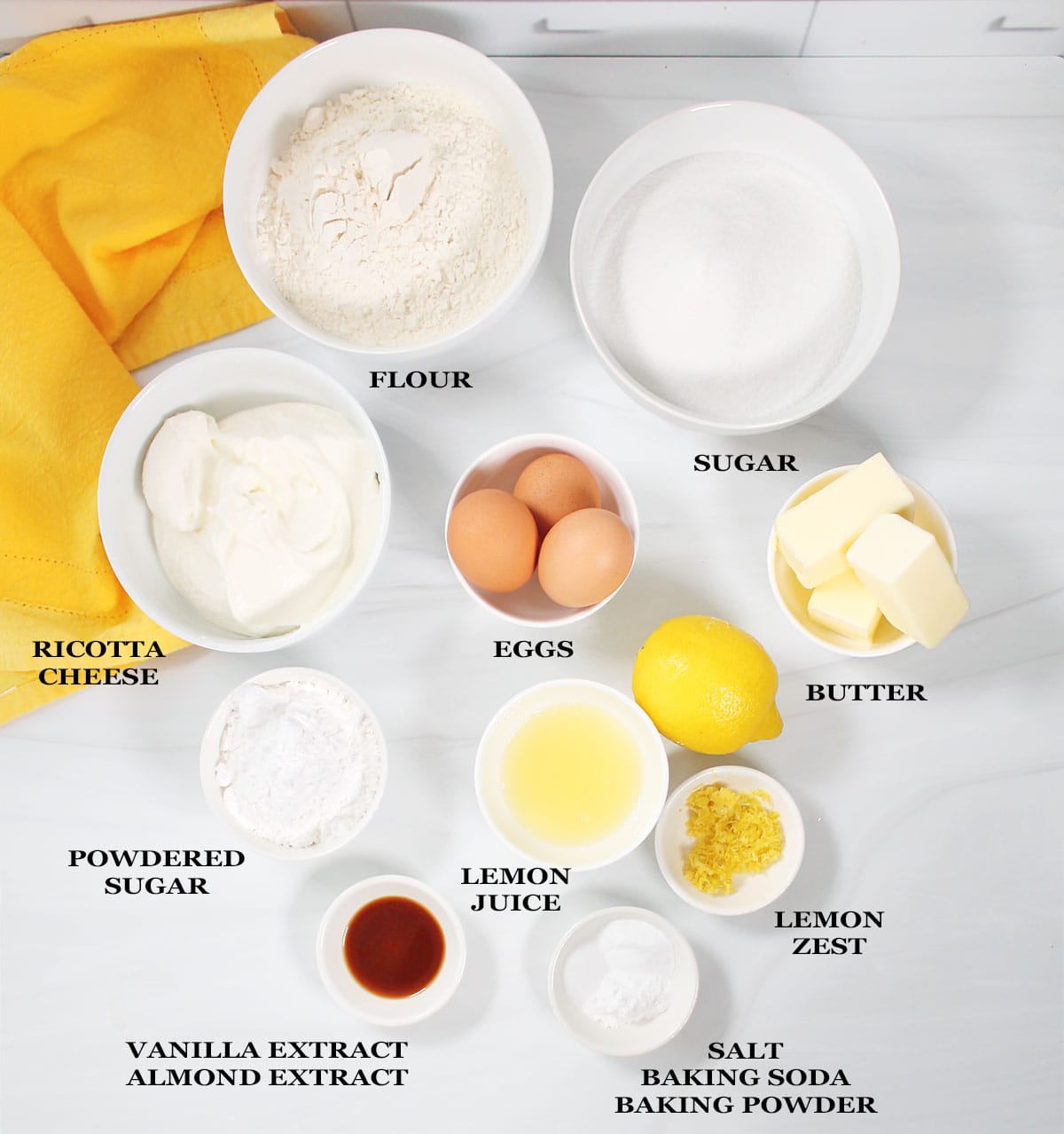 Ingredients for ricotta lemon cake recipe.