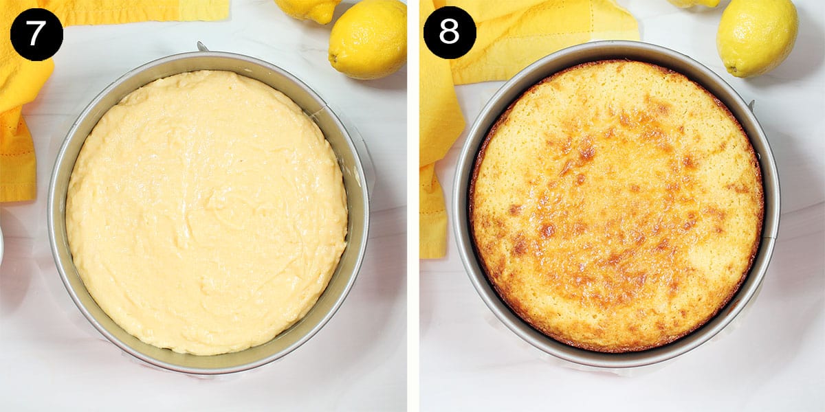 Unbaked and baked lemon cake.