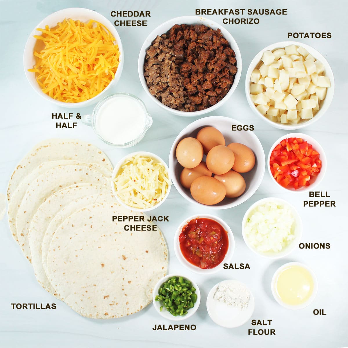 Ingredients for Breakfast Enchiladas Casserole.