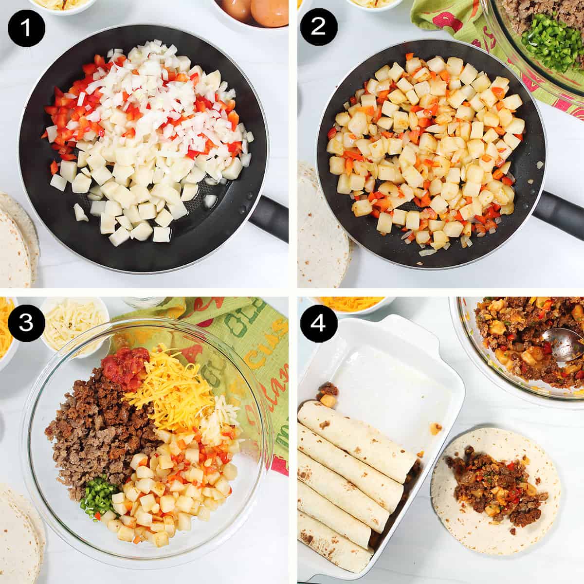 Prep steps 1-4 for breakfast enchiladas.