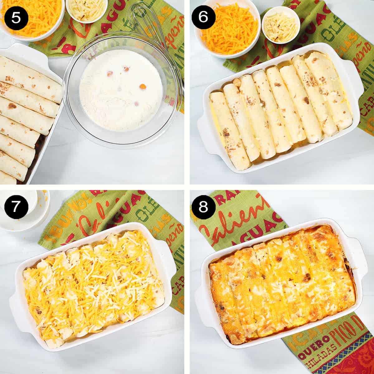 Finishing steps for breakfast enchiladas casserole.