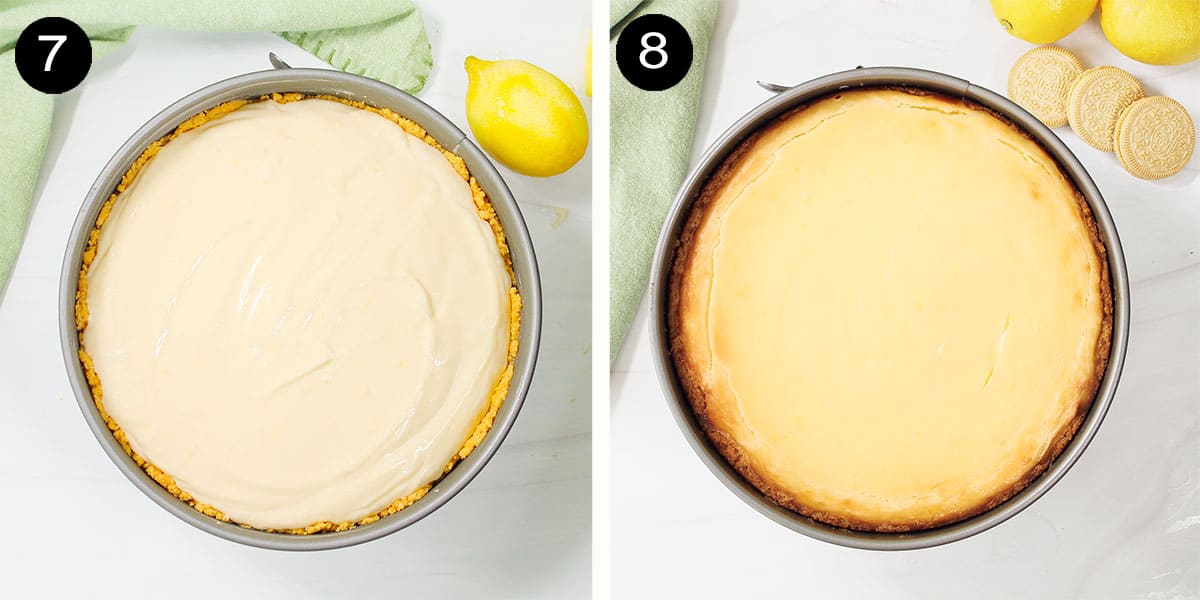 Unbaked and baked cheesecake.
