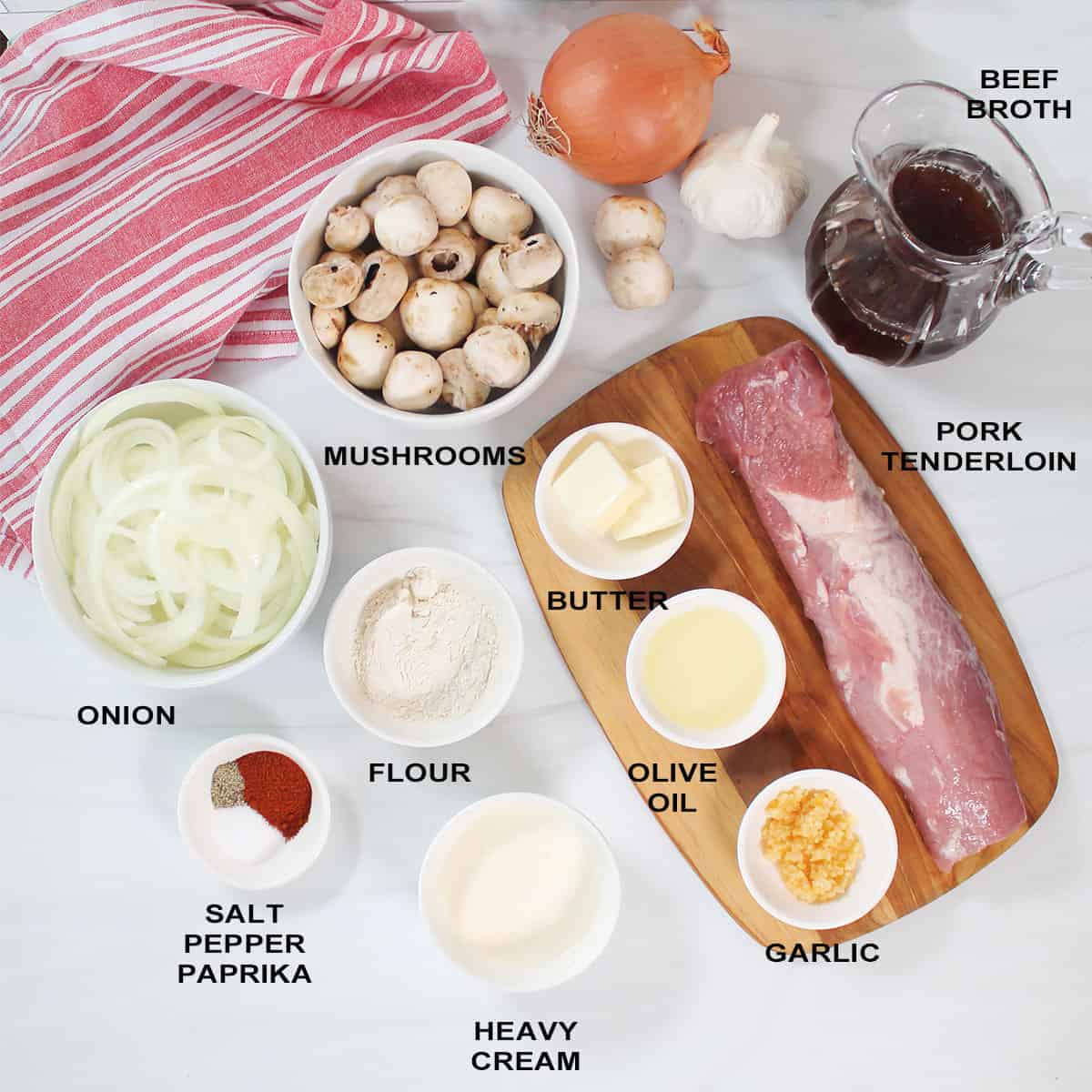 Ingredients for pork medallions with mushroom sauce.