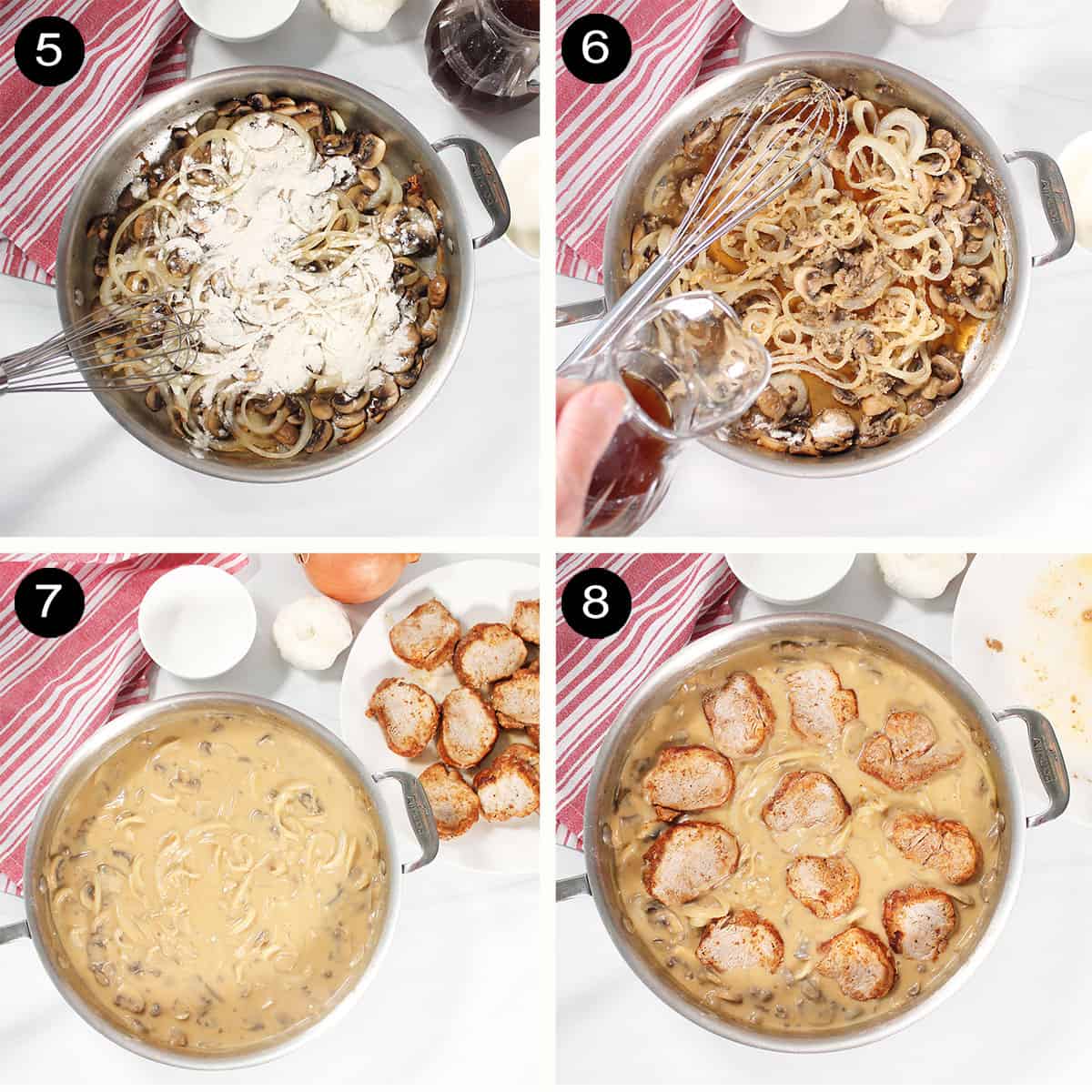 Finishing steps for pork medallions in mushroom sauce.